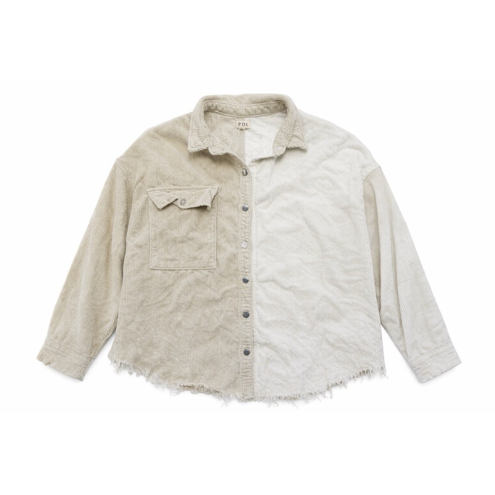 POL Women S Color Block Corduroy Oversized Shacket Shirt Jacket Fringe Two Tone